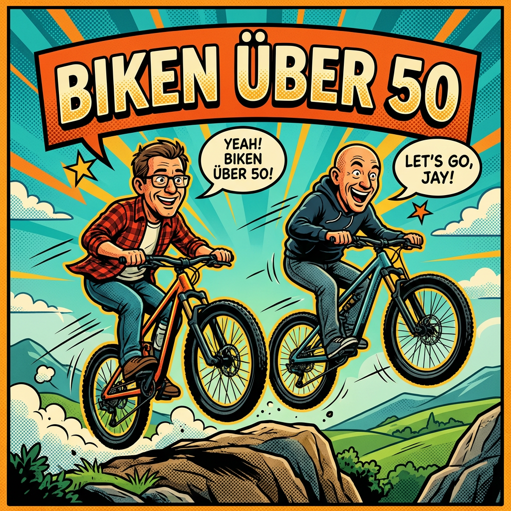 Biken Über 50 Podcast – Jay und Pete beim Radfahren im Comic-Stil
